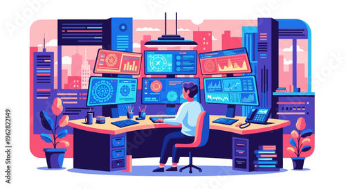 Man working in a futuristic control room with multiple monitors.