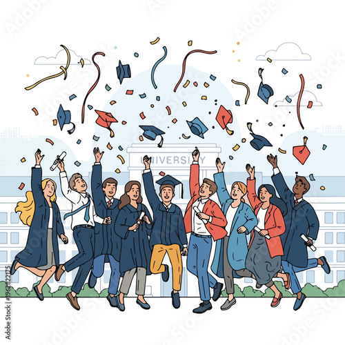 Illustration of a group celebrating graduation, with tossed hats, confetti