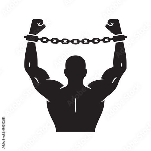 Silhouette of Man with Raised Arms and Fists in Handcuffs and Chains Symbolizing Oppression, Slavery, and Resistance
