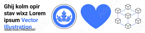 Blockchain, data security, Canada symbolism, decentralized systems, digital innovation, distributed networks. Blue heart, maple leaf emblem and interconnected cubes. Blockchain and data security