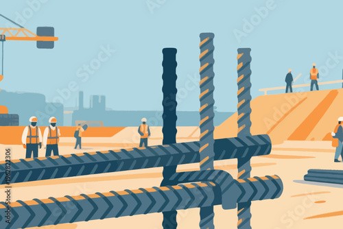 Construction workers with helmets and rebar at site, stylized vector illustration of teamwork and structural building.