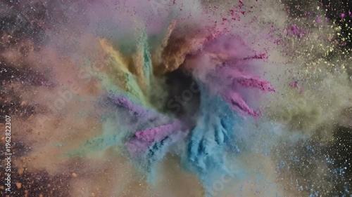 Colorful powder explosion with swirling motion and fine particles