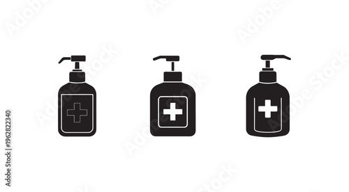 Black hand sanitizer dispensers with white crosses on bottles  icons  isolated on white background