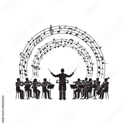 Silhouette Vector Illustration of a Music Conductor Directing a Symphony Orchestra with Swirling Musical Notes and Staff Lines
