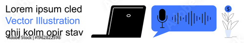 Digital communication, artificial intelligence, online work tools, remote collaboration, audio transcription, and innovation. Laptop, speech bubble microphone soundwave and plant. Digital