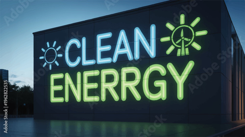 Bright neon sign spelling 'clean energy' with renewable energy symbols on a modern building facade at dusk with wind turbine
