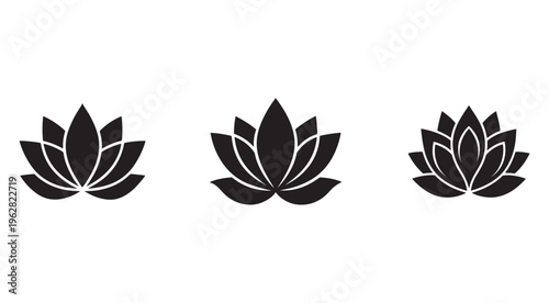 Black lotus flower icons in different angles  simple floral designs  isolated on white background