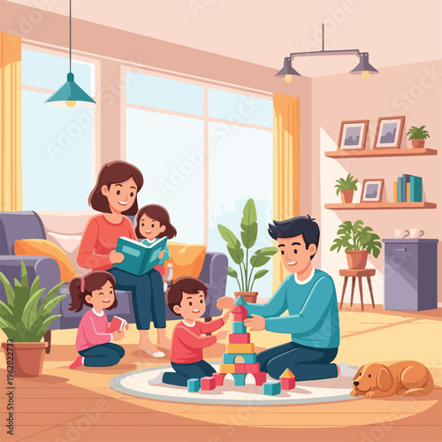 Family spends quality time indoors, reading and playing with building blocks
