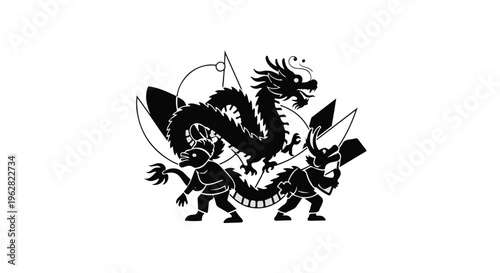 Dragon dance performers wearing an elaborate traditional costume move in unison during a festive cultural celebration, captured as a detailed black and white graphic design element for print.
