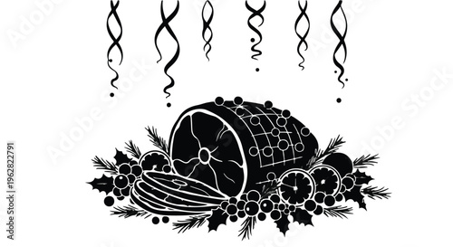 Christmas ham garnished with holiday berries and pine sits centerpiece on a table under festive hanging ribbons in a decorative illustration reflecting seasonal warmth and traditional dining joy.