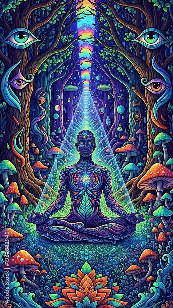 Fototapeta premium Meditating figure in forest surrounded by psychedelic mushroom imagery