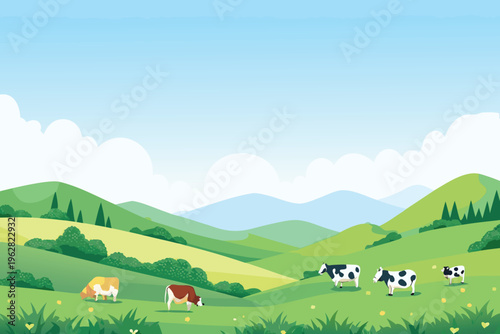 Peaceful countryside scene with grazing cows and rolling green hills
