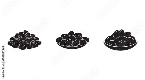 Black olives in bowls and pile illustration  food icon set  healthy eating and culinary design elements  vector graphics