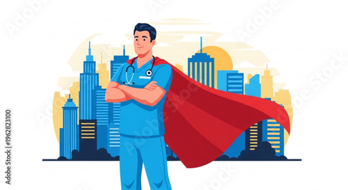 Confident male doctor wearing red superhero cape standing in front of city skyline at sunset symbolizing healthcare and heroism