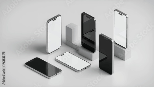 Modern smartphones in isometric view, black and white with display cubes, blank screen