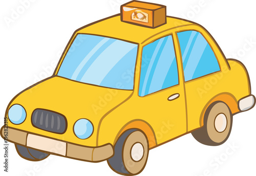 A brightly colored yellow taxi cab illustration with a rooftop sign