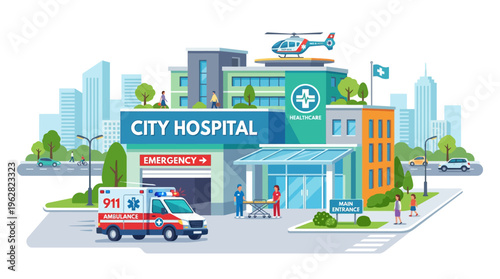 Modern City Hospital Building with Ambulance and Helicopter.