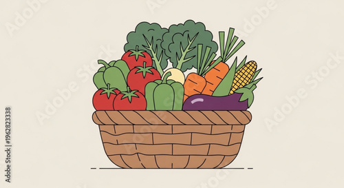 Fresh vegetable basket with colorful produce healthy food and a wicker basket on a neutral background