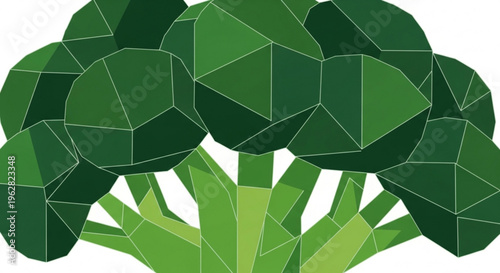 Geometric broccoli illustration with polygonal green shapes on white background for healthy eating and food concepts