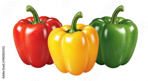 Colorful bell peppers arranged in a row on white background showcasing red yellow and green varieties fresh and vibrant