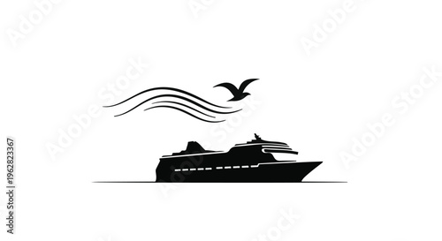Cruise ship silhouette glides across the horizon while a solitary seagull flies overhead in a minimalist representation of luxury sea travel and relaxing vacation experiences on the water.