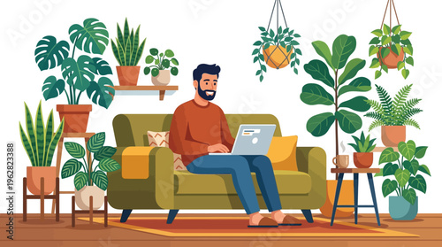 Man working on laptop on couch surrounded by plants.