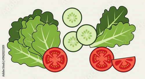Fresh lettuce leaves with sliced cucumbers and juicy tomatoes on a clean background for healthy eating and salad preparation
