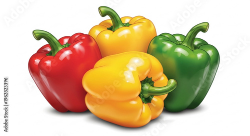 Four colorful bell peppers red yellow orange green arranged together on white background fresh and vibrant vegetables