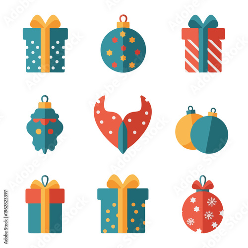 Flat vector illustrations of presents and holiday ornaments