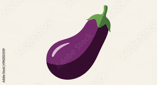 Vibrant purple eggplant with green leaves on a light beige background illustration of a fresh vegetable