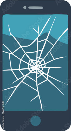 A black smartphone with a severely cracked screen displaying a landscape