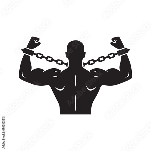 Silhouette of Man with Raised Arms and Fists in Handcuffs and Chains Symbolizing Oppression, Slavery, and Resistance
