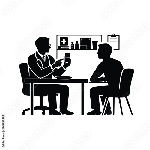Vector silhouette of a doctor discussing treatment options with a patient in a consultation room w