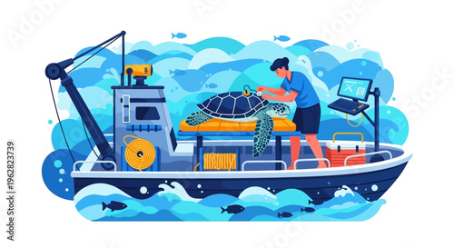 Marine Biologist Rescues Sea Turtle on Research Vessel.