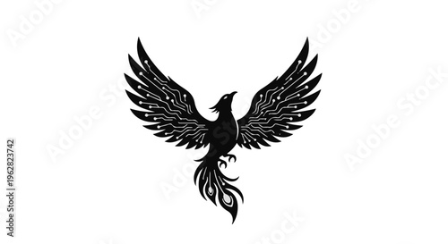Phoenix emblem featuring an intricate circuit board pattern symbolizes technological rebirth, innovation, and the fusion of mythical legacy with modern digital advancements in computing hardware.