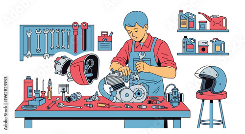Mechanic diligently working on motorcycle engine parts at workbench.
