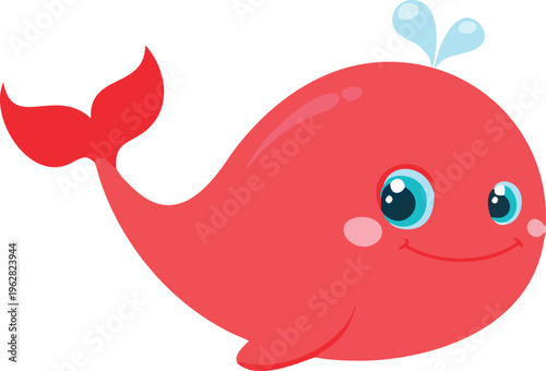 Adorable red cartoon whale with big eyes and a happy expression