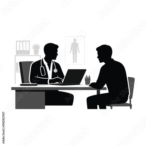 Doctor and patient silhouette compassionate healthcare black colour 