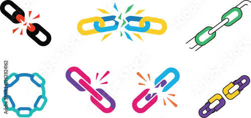 Chain connection vector icon set with broken and linked symbols colorful abstract linking elements collection isolated