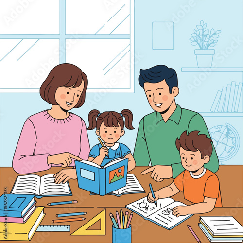 Family studying together at a desk with books and pencils
