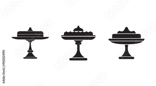 Black silhouettes of three covered dishes on stands  cakes  desserts  food icons