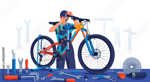 Mechanic working on a colorful mountain bike with tools.