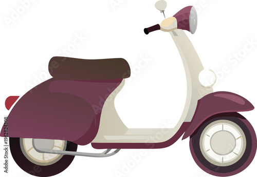 Stylized illustration of a vintage maroon and cream scooter
