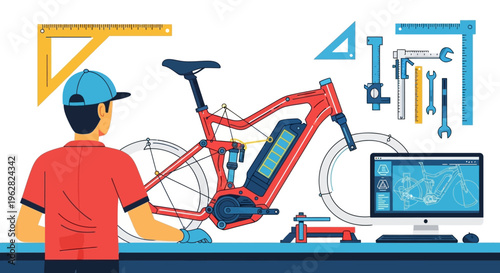 Wallpaper Mural Mechanic working on electric bicycle with tools and computer. Torontodigital.ca