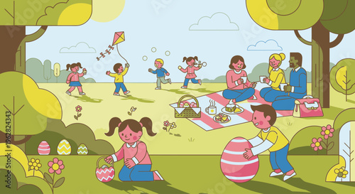 Illustration of children playing and having a picnic in a park on a sunny day with trees and flowers.
