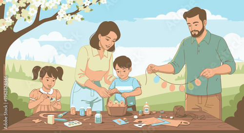 A family of four engaging in arts and crafts in a scenic outdoor setting with a tree and blue sky.
