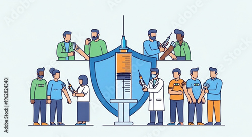 Medical professionals with vaccine shield and people getting immunized in a line for health protection