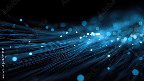 Abstract flowing blue threads with glowing particles against dark background