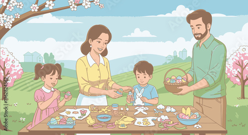 A family of four decorating Easter eggs and enjoying a picnic in a park with blooming trees and a sunny landscape.