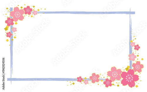 桜と金箔をあしらった薄紫の手書き筆ラインのスクエアフレーム 和風背景素材